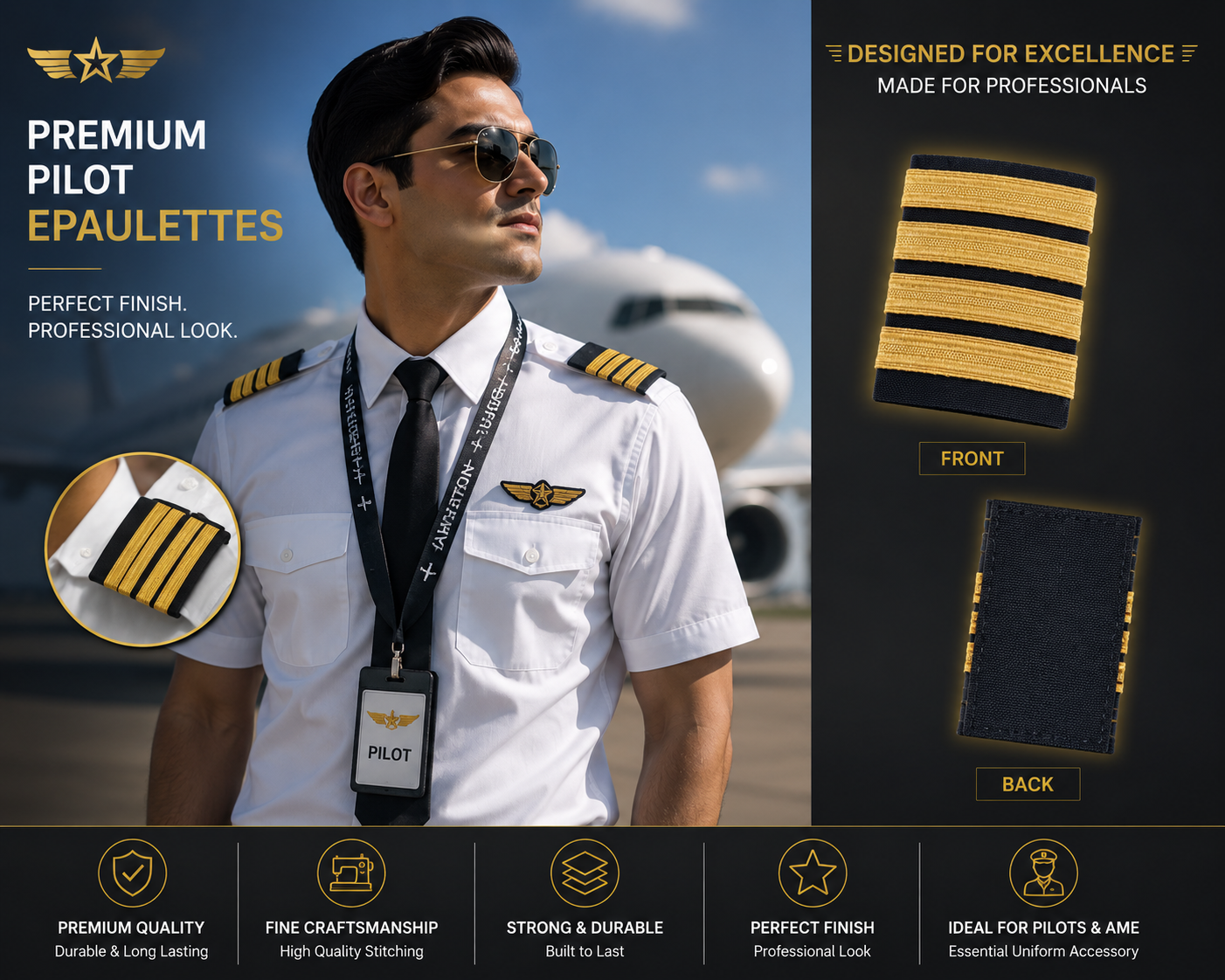 4 Bar Black with Golden Stripes Pilot Epaulettes – Premium Imported Quality