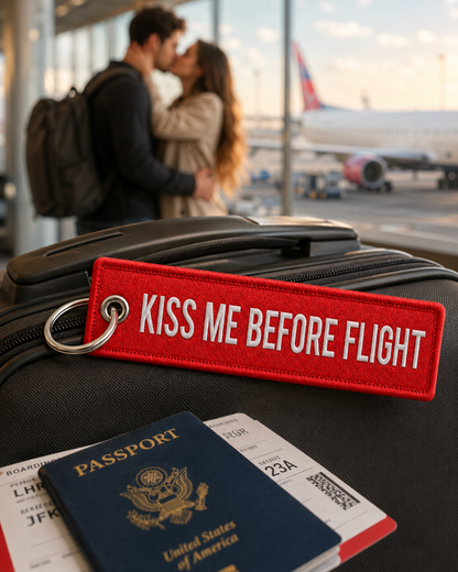 Red  Kiss Me Before Flight  Embroidered Bag Tag – Premium Imported Quality Keyring