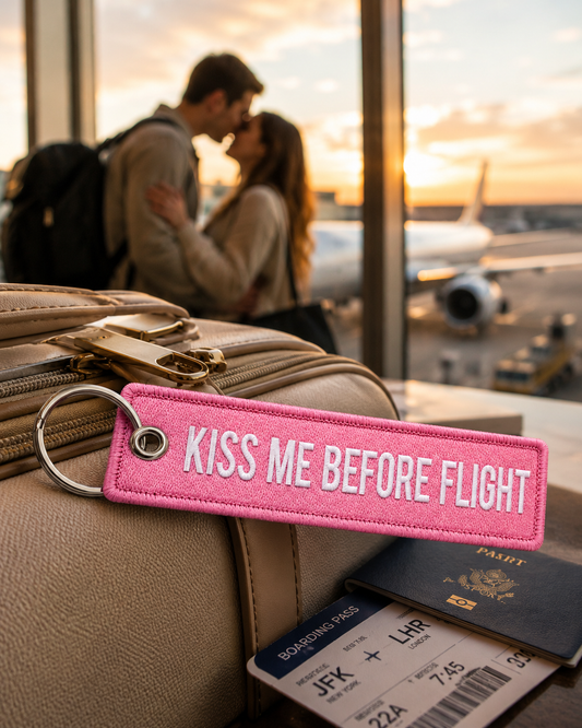 Pink Kiss Me Before Flight  Embroidered Bag Tag – Premium Imported Quality Keyring
