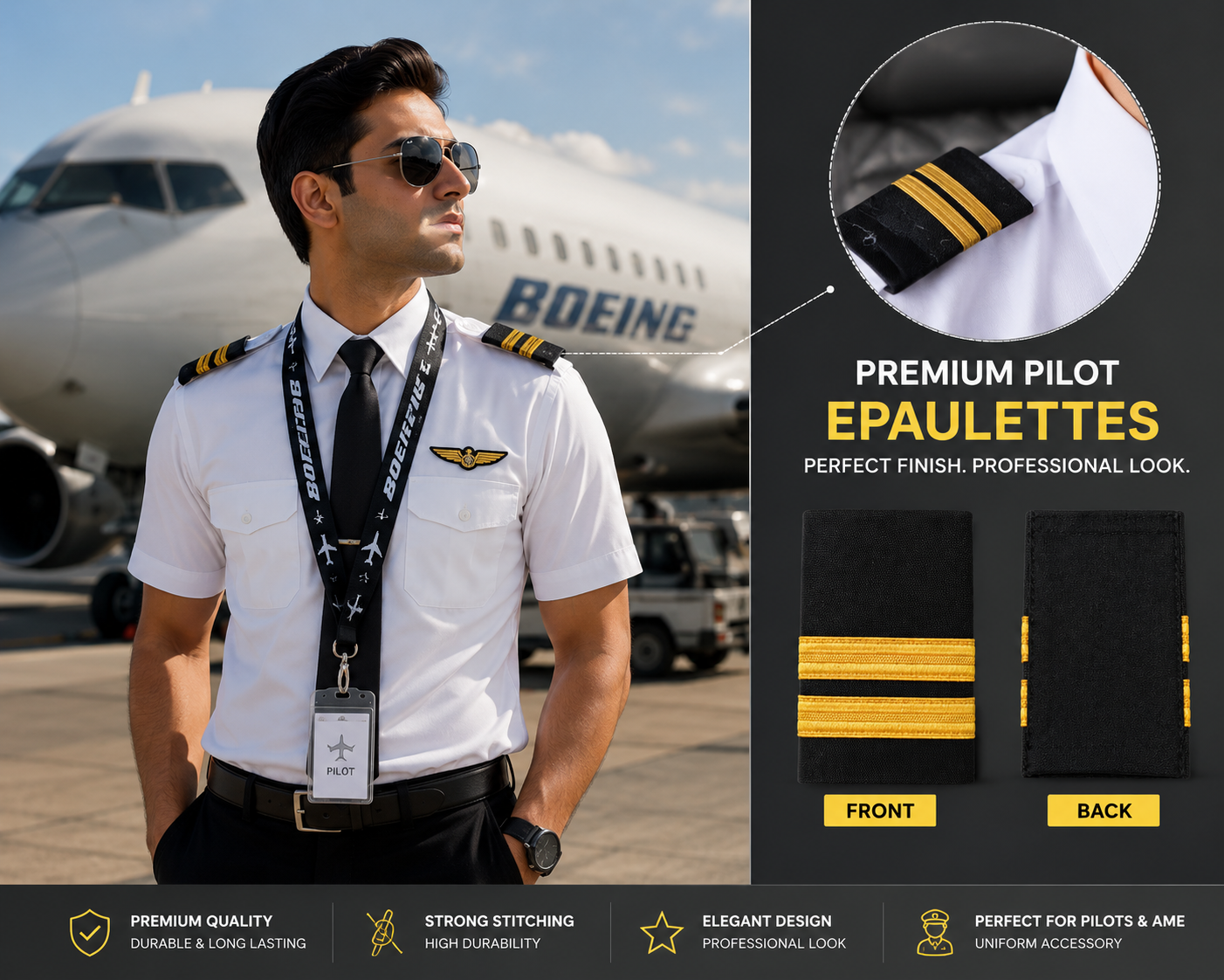 2 Bar Black with Golden Stripes Pilot Epaulettes – Premium Imported Quality