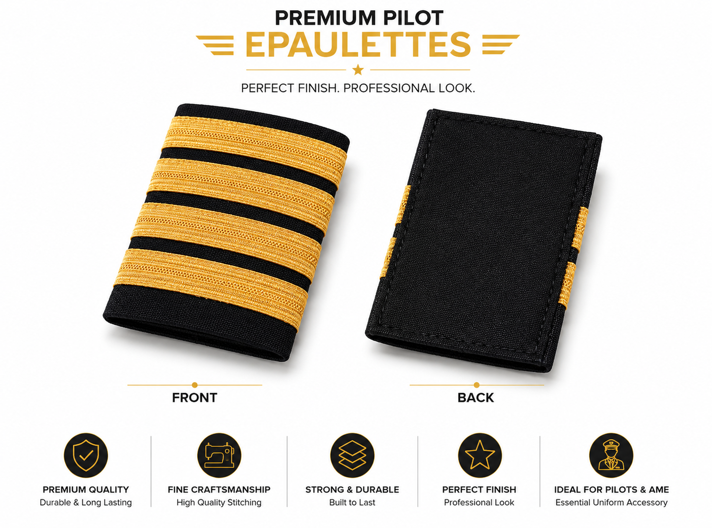 4 Bar Black with Golden Stripes Pilot Epaulettes – Premium Imported Quality