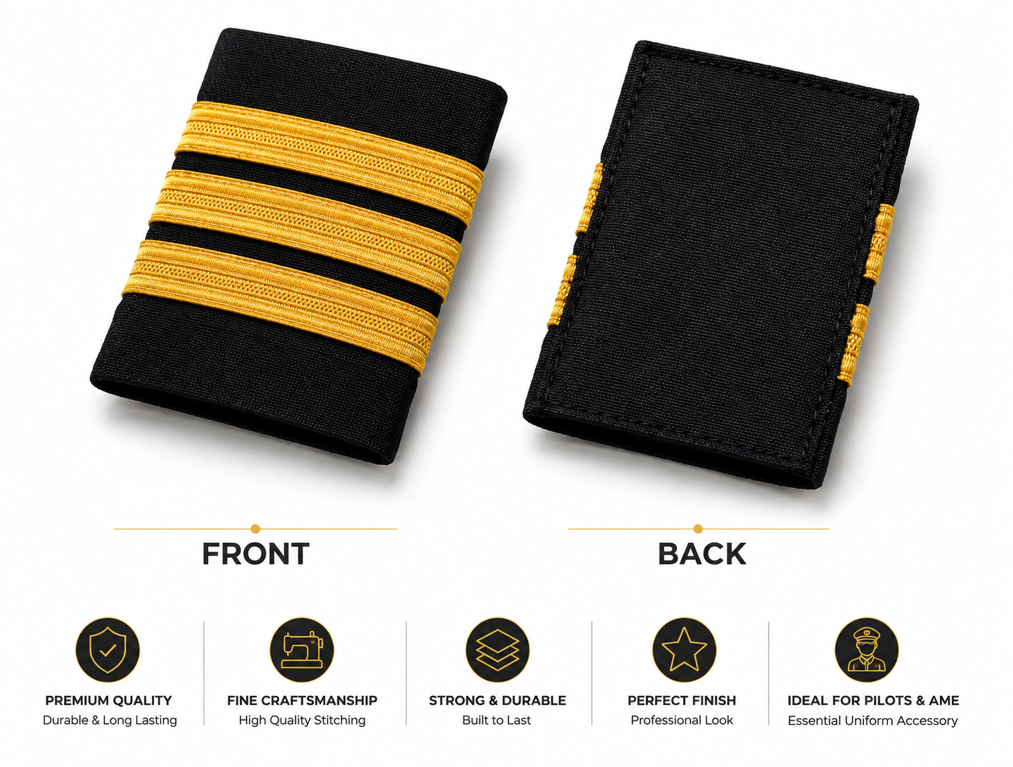 3 Bar Black with Golden Stripes Pilot Epaulettes – Premium Imported Quality